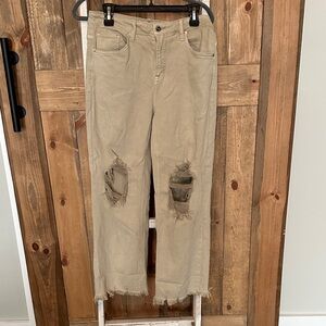 Frayed Hem Tan Straight Leg Jeans